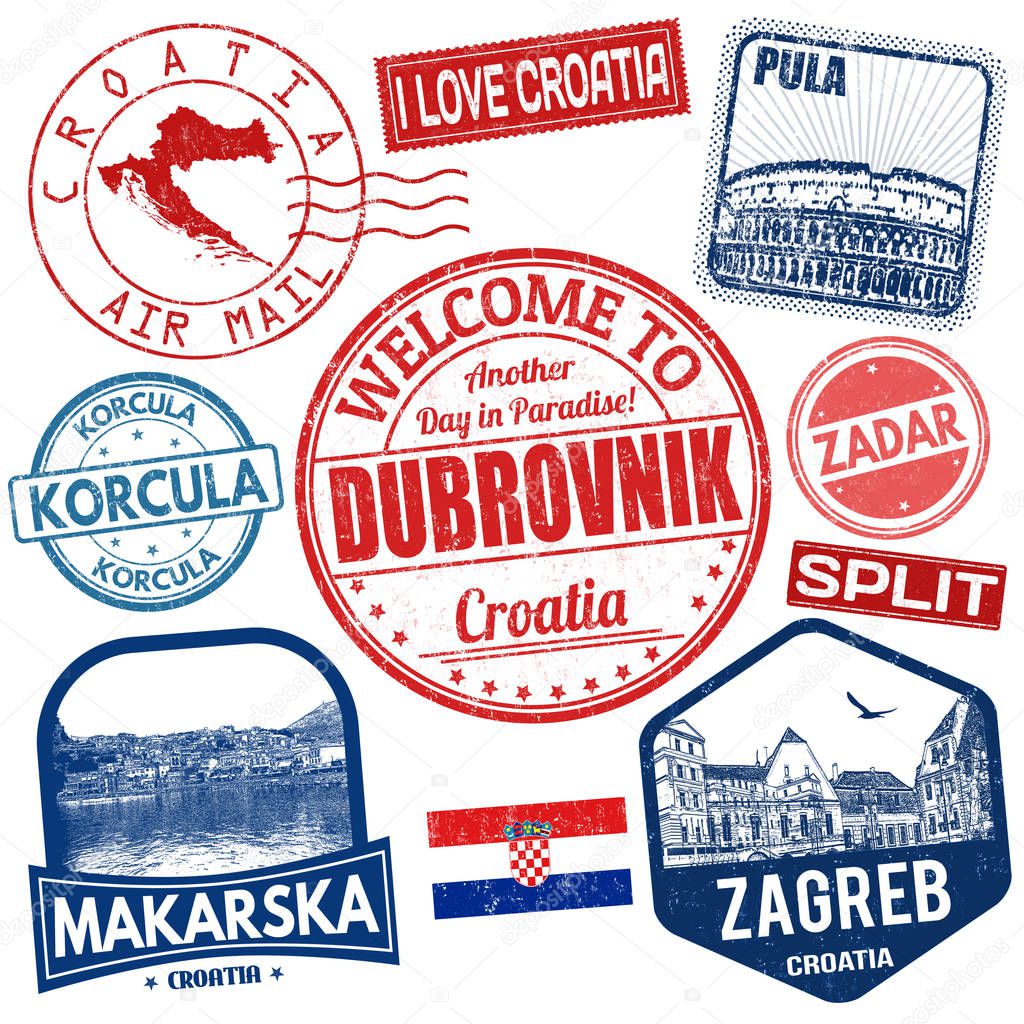 Set of travel grunge stamps with Croatia 