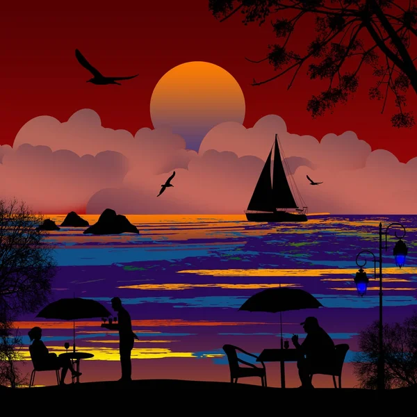People silhouette on the beach and ship at the sea — Stockvector
