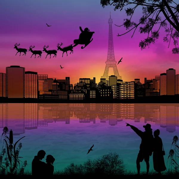 Люди ночью в Париже с Санта-Клаусом и оленьими силуэтами, летающими над городом — стоковый вектор