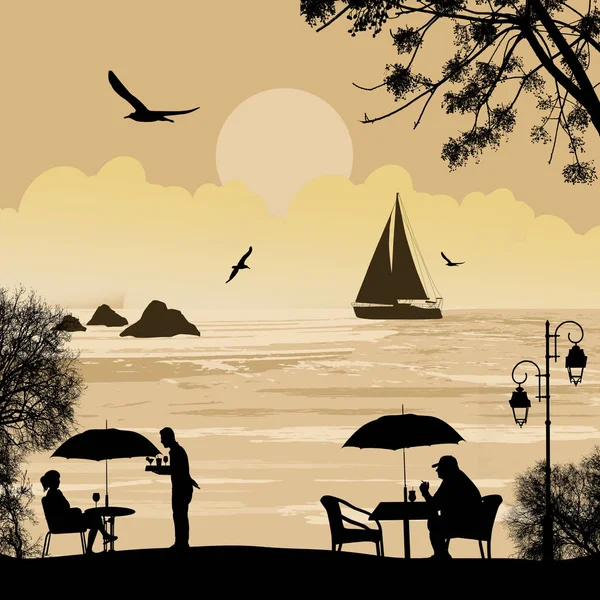 La silhouette delle persone sulla spiaggia e la nave al mare — Vettoriale Stock