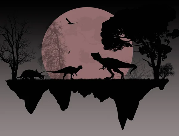 Siluetas de dinosaurios frente a una luna llena — Vector de stock