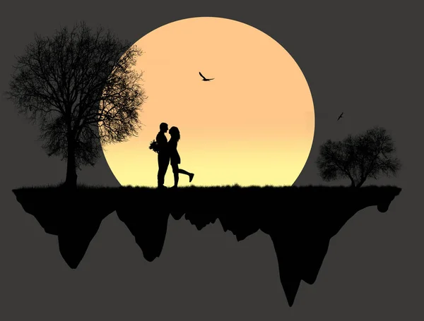 Les amoureux devant une pleine lune — Image vectorielle