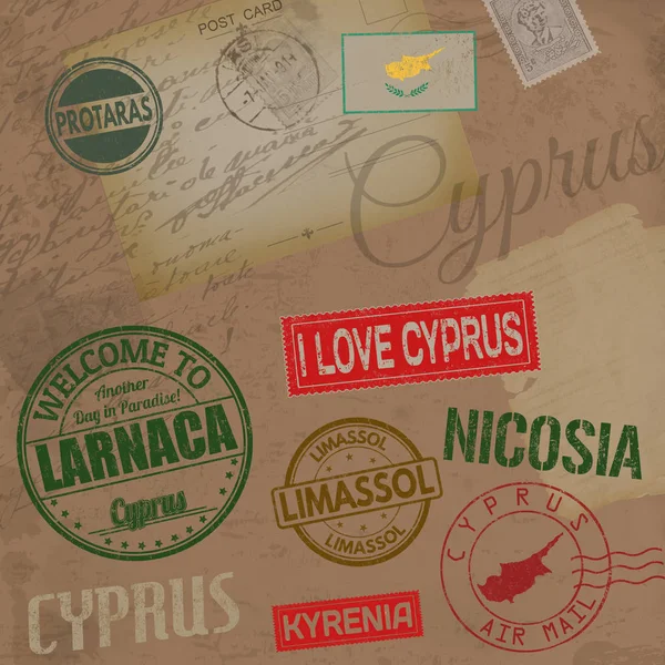 Chipre sellos de viaje en fondo retro con viejas tarjetas postales y cartas — Vector de stock