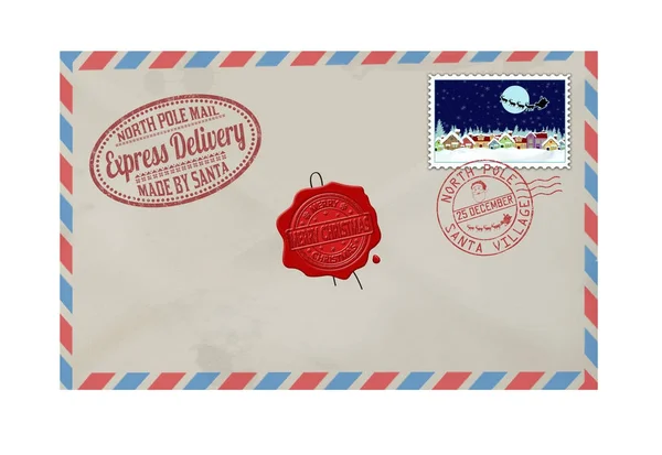 Carta do Papai Noel com selos e marcas postais — Vetor de Stock