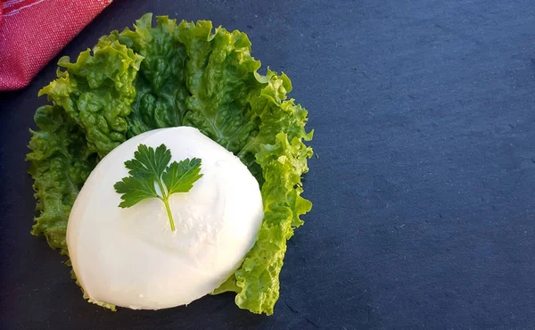 Formaggio di mozzarella su una foglia di lattuga — Foto Stock