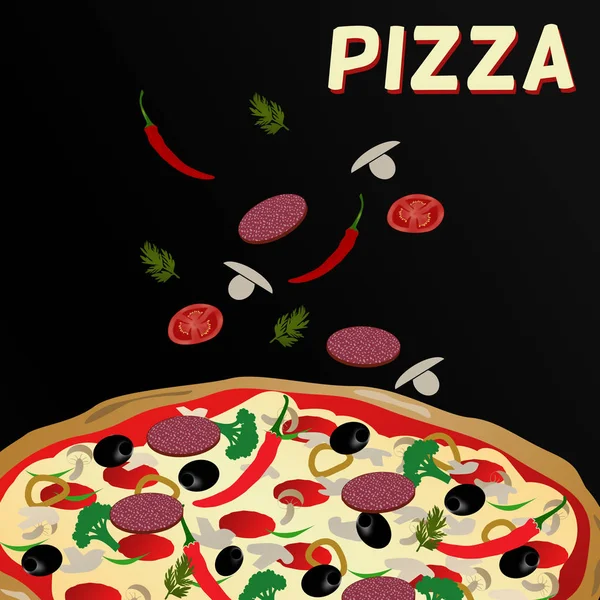 Pizza ve siyah arka plan üzerine malzemeler — Stok Vektör