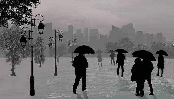 Silhouettes de personnes au jour de pluie avec parapluies — Image vectorielle