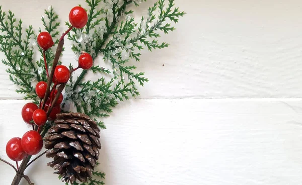 Decorazione natalizia con ramo di abete, cono di pino e bacche — Foto Stock