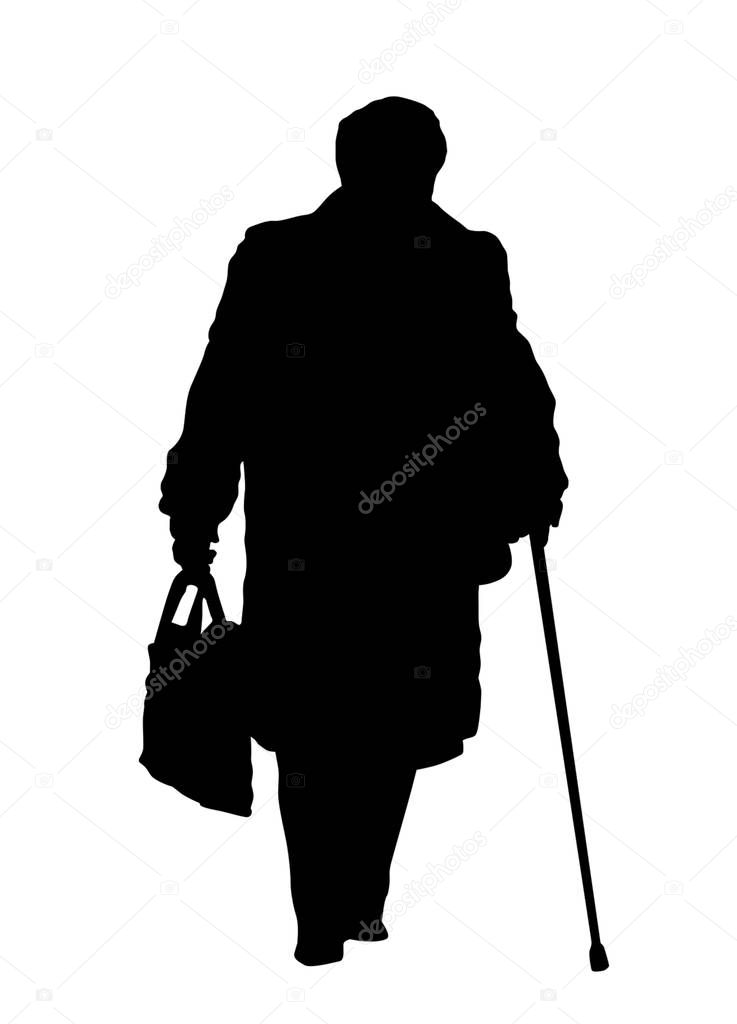 Elder women silhouette walks with cane on white background, vector illustration