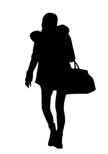 Silueta Mujer Caminante Con Bolsa Sujeción Sobre Fondo Blanco Ilustración — Archivo Imágenes Vectoriales
