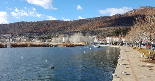 Vista panorámica de la ciudad de Kastoria y el famoso lago Orestiada en Grecia — Foto de Stock