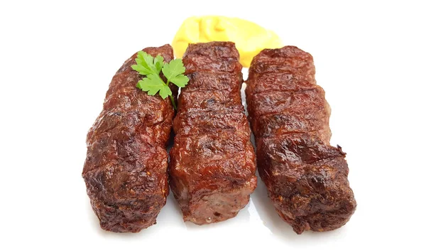 Rulouri de carne (mititei sau mici) mancare traditionala romaneasca cu mustar — Fotografie, imagine de stoc