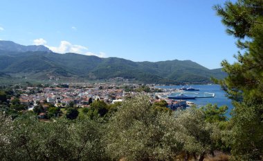 Güzel manzara Thassos Town (Limenas), Thassos Island, Yunanistan