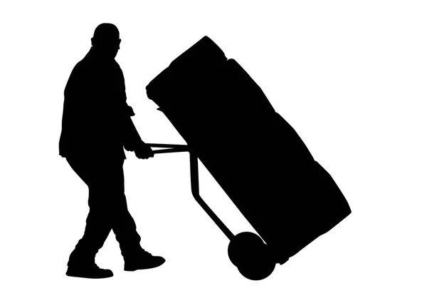 Silhueta homem entrega carregando caixas com um carrinho — Vetor de Stock