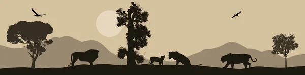 アフリカのサバンナの景観に関するライオンズ シルエット — ストックベクタ