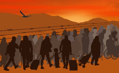 Dikenli tel arkasında mültecilerin insan siluetleri