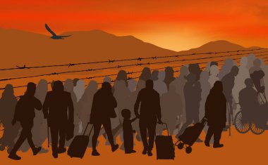 Silhouettes of refugees people behind barbed wire clipart