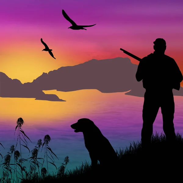 Silhouet van een jager met hond — Stockvector