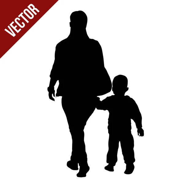 Silueta de una madre caminando de la mano con su hijo — Vector de stock