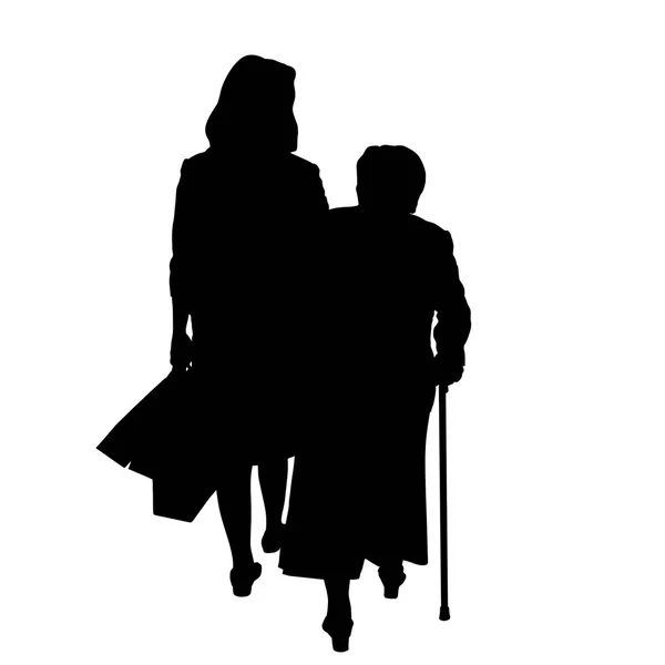 Adult daughter and elderly mother silhouette — Stock Vector