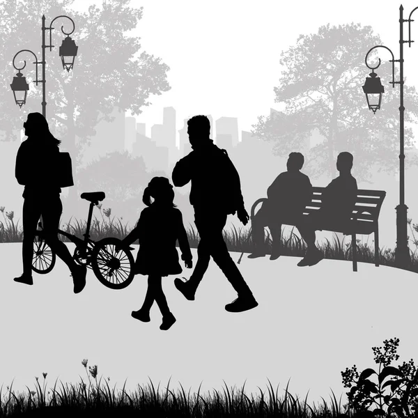 Menschen in einem Stadtpark Silhouetten — Stockvektor