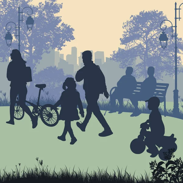 Les gens dans un parc urbain silhouettes — Image vectorielle