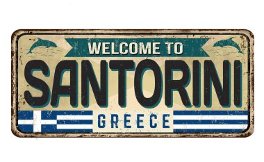 Santorini klasik paslı metal tabelasına hoş geldiniz.