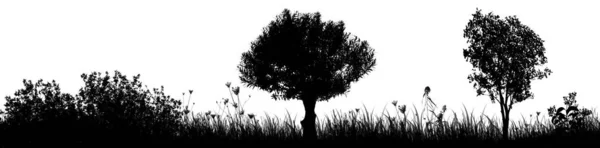 Prado Com Silhueta Árvores Sobre Fundo Branco Ilustração Vetorial — Vetor de Stock