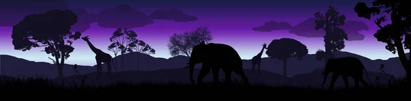 Siluetas Animales Salvajes Africanos Hermoso Amanecer Azul Paisaje Sabana Ilustración — Vector de stock