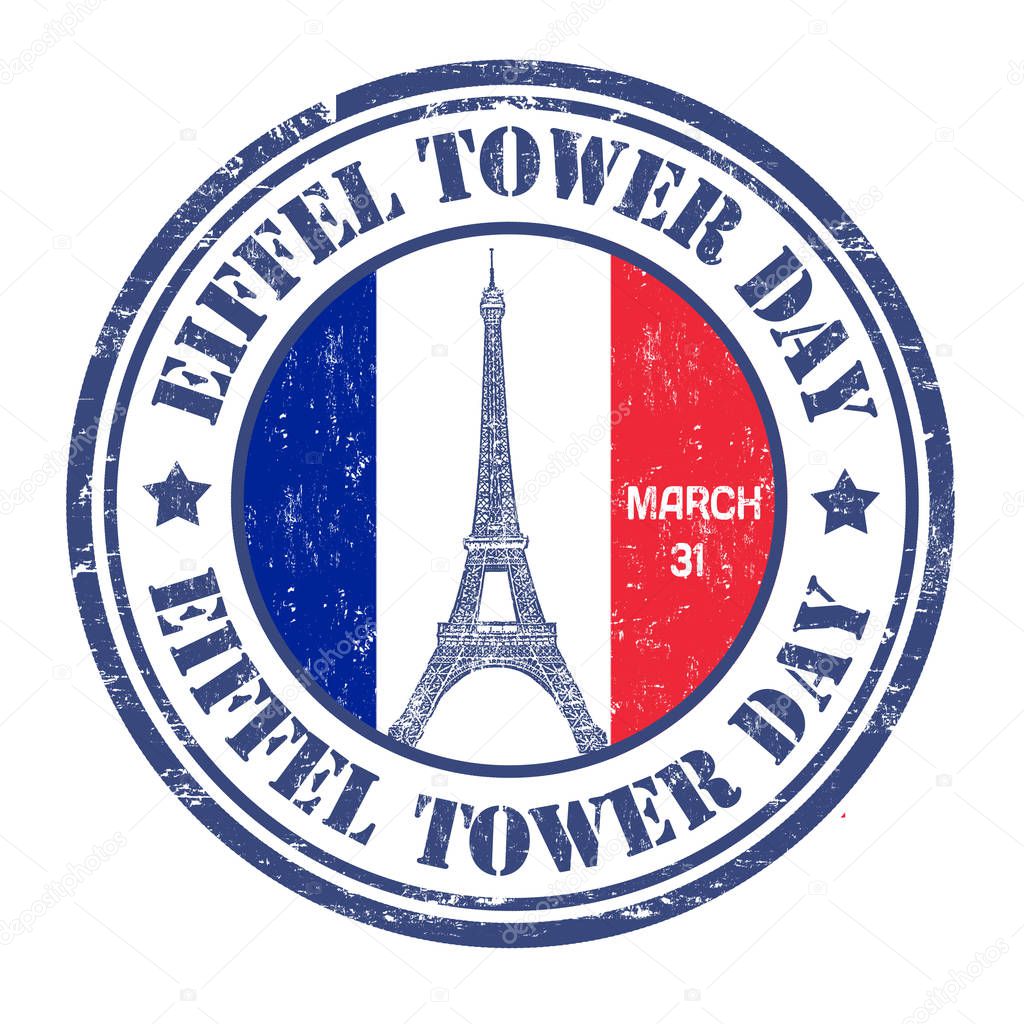 Eiffel Tower Day sign or stamp on white background, vector illustration
