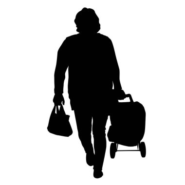 Beyaz arka planda çantaları olan kadın silueti, vektör illüstrasyonu