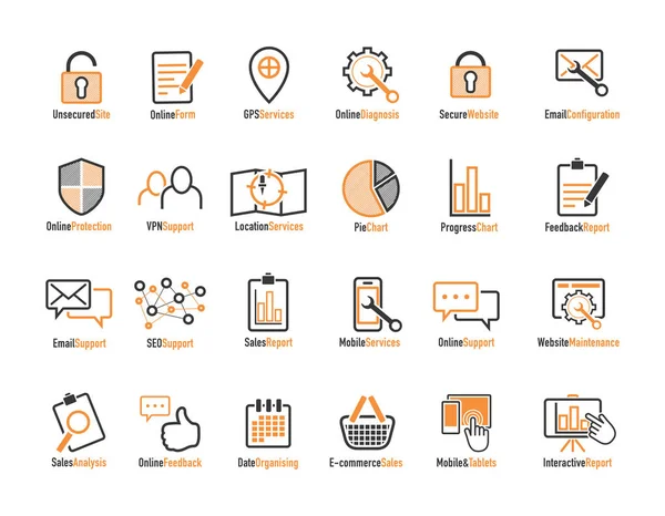 Icono web en línea e icono de negocio conjunto — Vector de stock