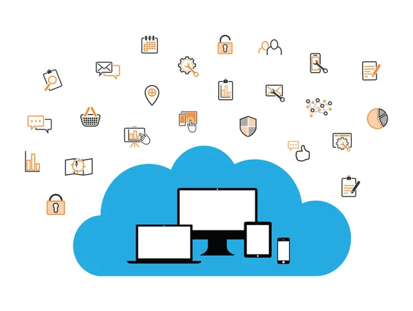 Cloud enabled equipment with internet business icons — Stock Vector