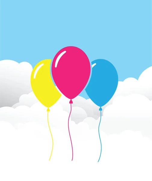 Tres globos sobre un fondo nuboso — Vector de stock