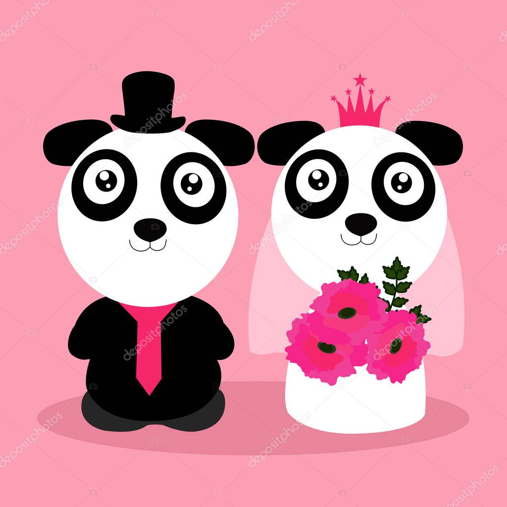 Wedding invitation with cute pandas.