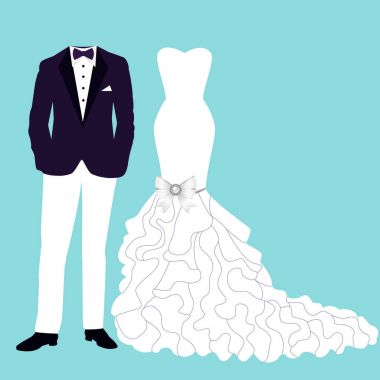 Düğün kartı giysileri ile.