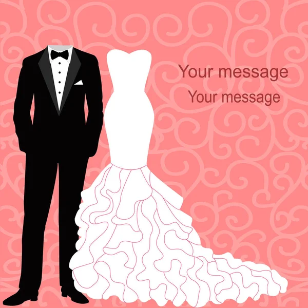 Wedding invitation with a tuxedo and dress. — Stock Vector