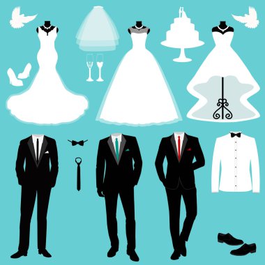 Gelin ve damat elbiseleri ile düğün kartı.