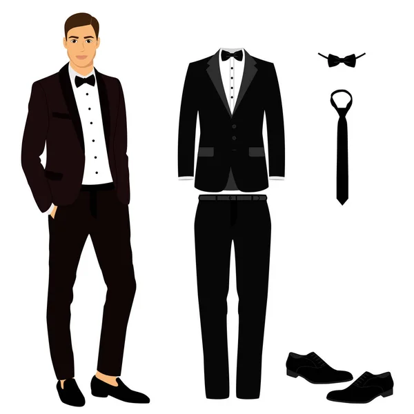 Costume homme mariage avec chaussures, smoking . — Image vectorielle