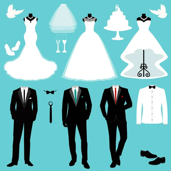 Tarjeta de boda con la ropa de la novia y el novio . — Vector de stock