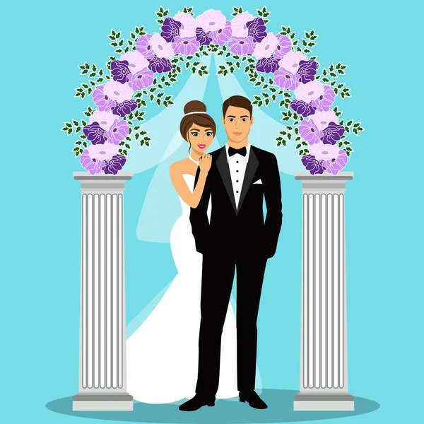 Arco de casamento com noiva e noivo . — Vetor de Stock