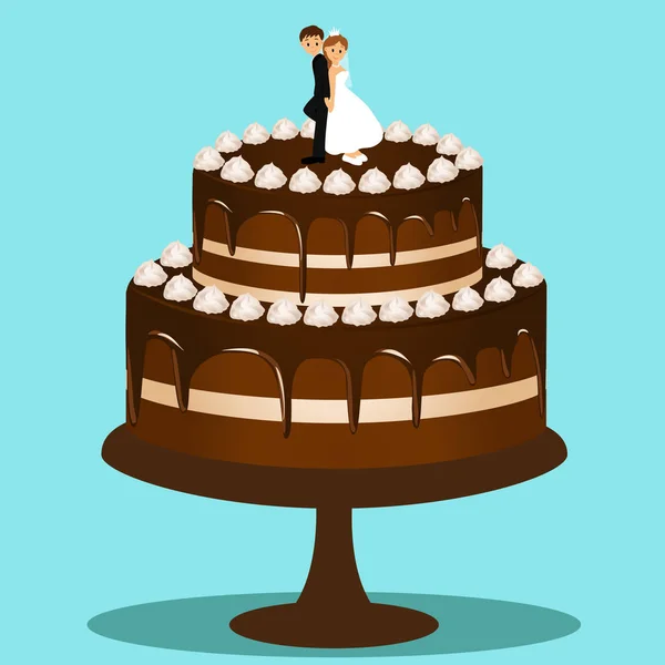 Bröllopstårta med bruden och brudgummen statyett. — Stock vektor