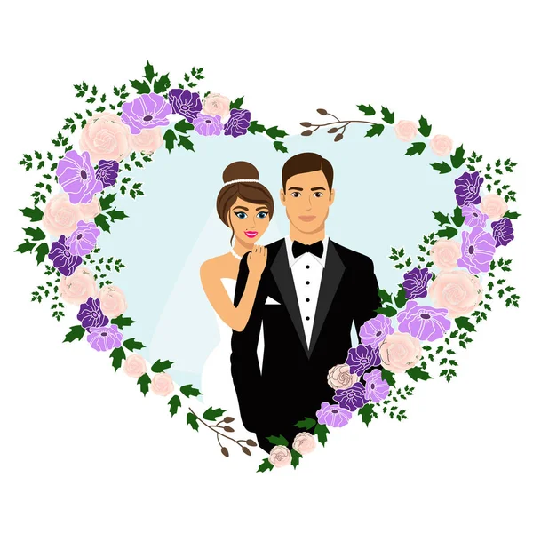 Tarjeta de boda con los recién casados en el corazón . — Archivo Imágenes Vectoriales