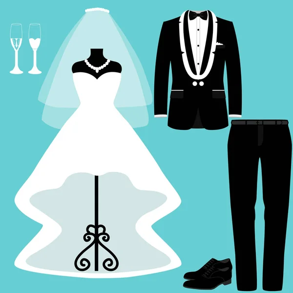 Bruiloft kaart met de kleding van de bruid en bruidegom. — Stockvector