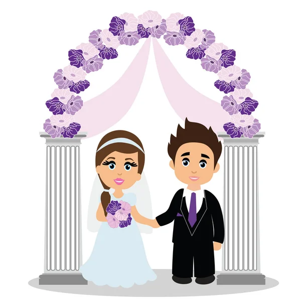 Menyasszony és a vőlegény az esküvő ív. — Stock Vector