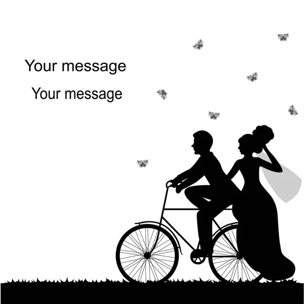 与一辆自行车和新婚夫妇的婚礼卡. — 图库矢量图片