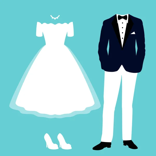 Wedding card with the clothes of the bride and groom. — Stock Vector