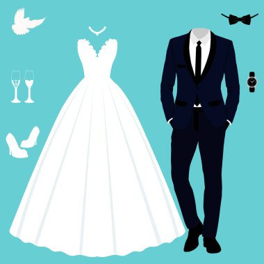 Gelin ve damat elbiseleri ile düğün kartı.