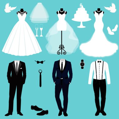 Gelin ve damat elbiseleri ile düğün kartı. 