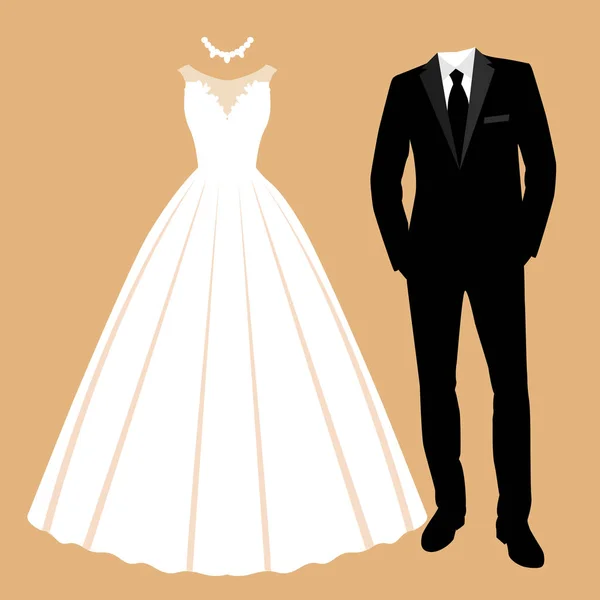 Tarjeta de boda con la ropa de la novia y el novio . — Vector de stock